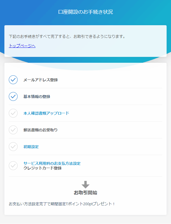 口座開設の手続き状況