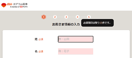 三菱UFJ eスマート証券の口座開設申し込み入力画面